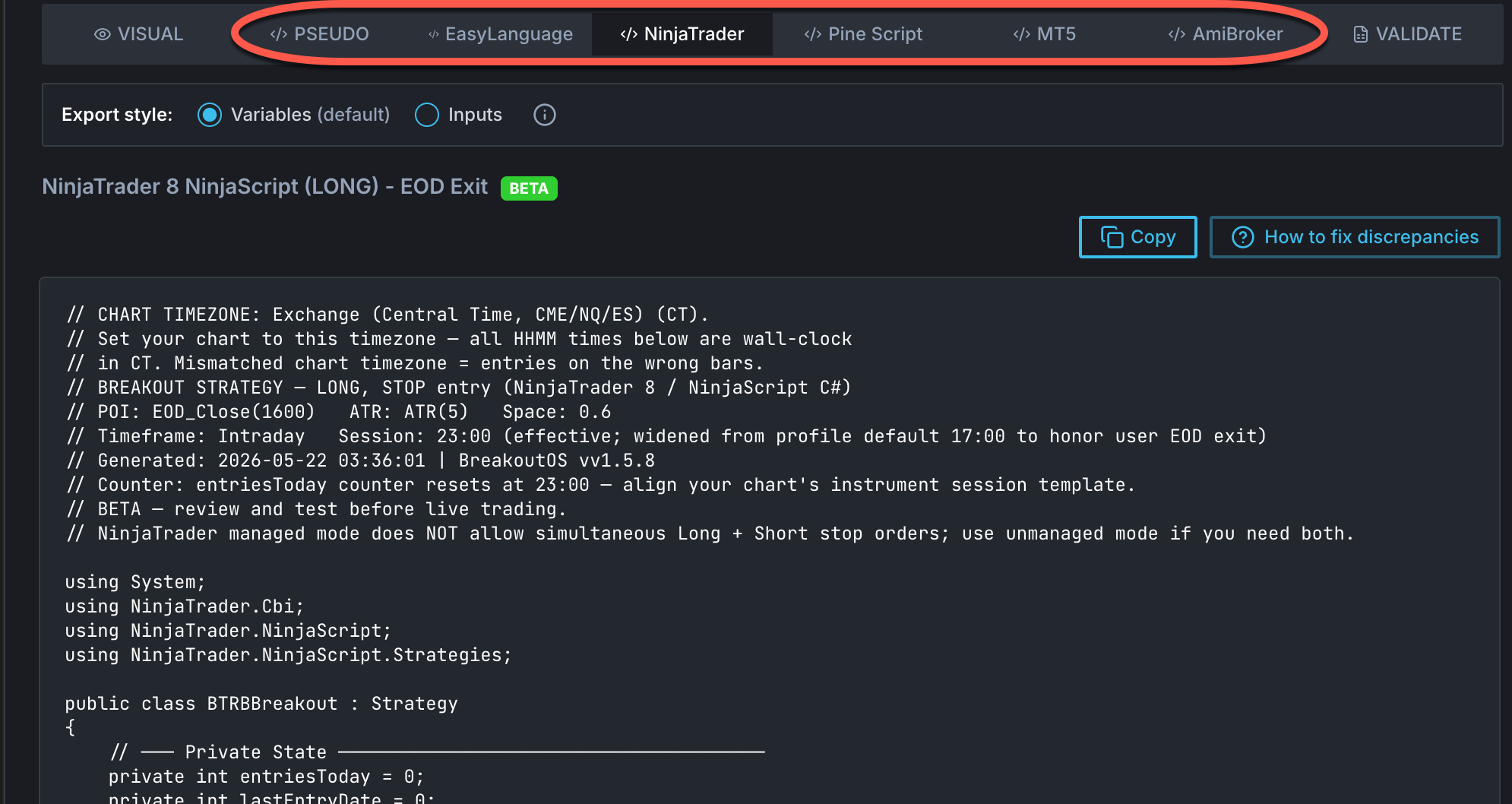 BTP code export - ready-to-paste strategies for TradeStation, MultiCharts, NinjaTrader, MT5, TradingView, AmiBroker