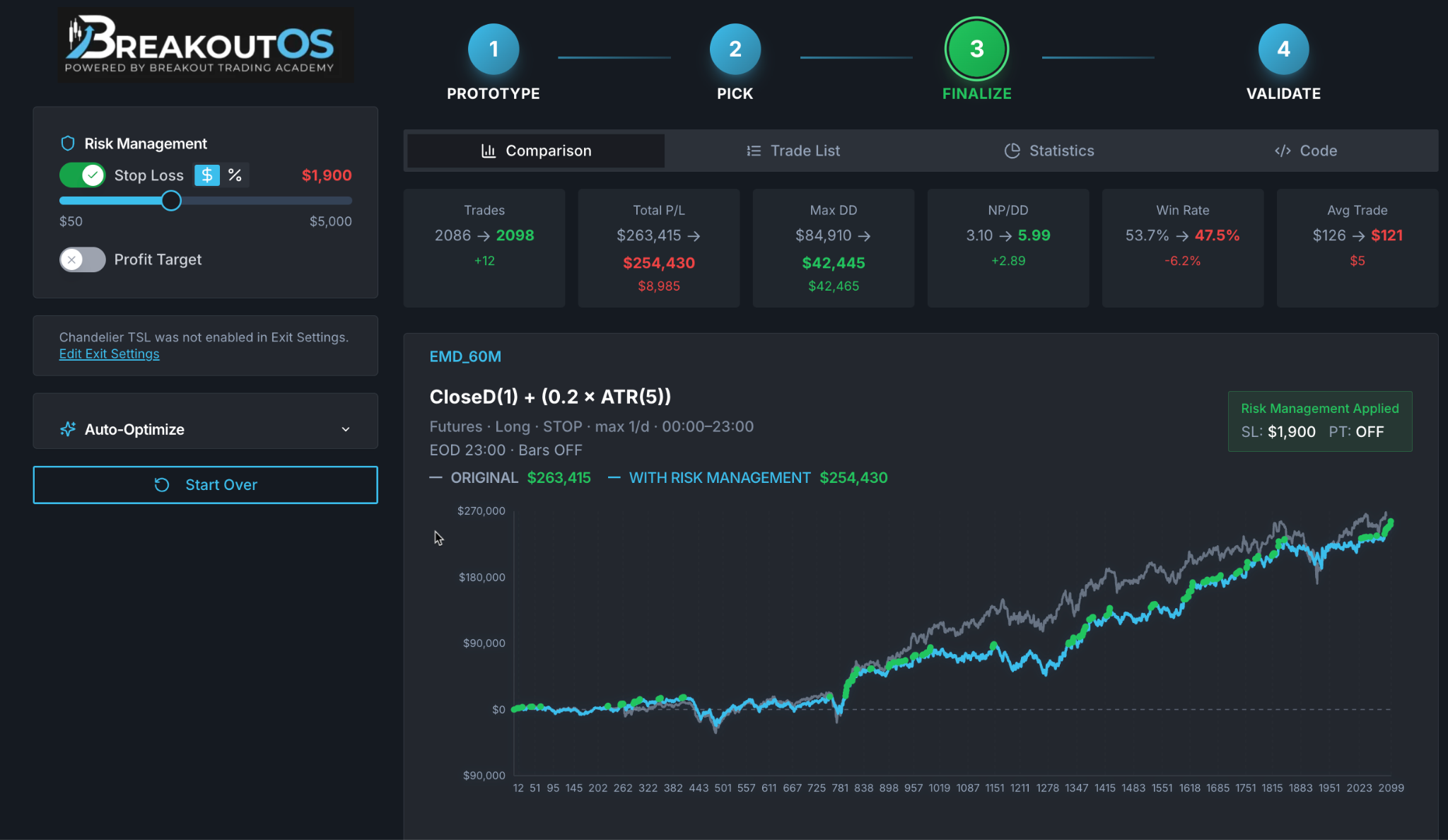 BTP real-time slider-based risk management testing with live equity curve update