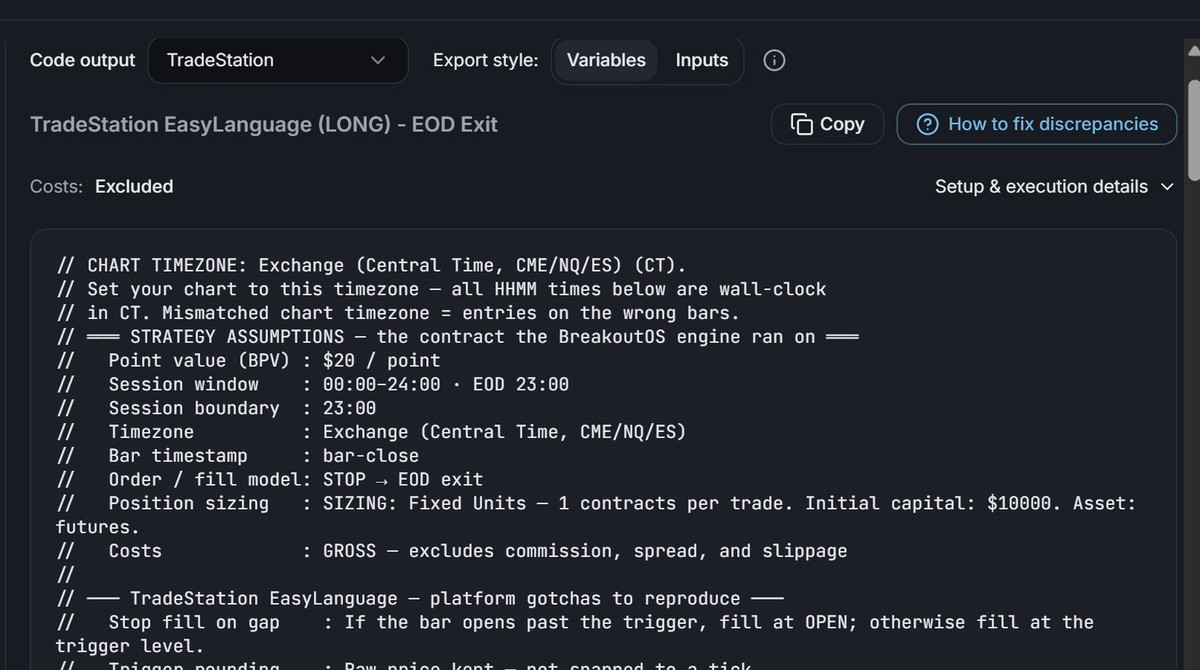 BreakoutOS EasyLanguage export with the Copy button