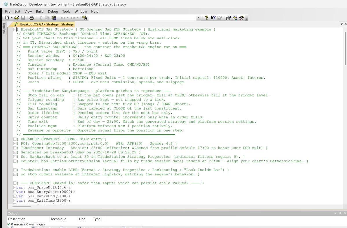 The exported EasyLanguage in the TradeStation Development Environment